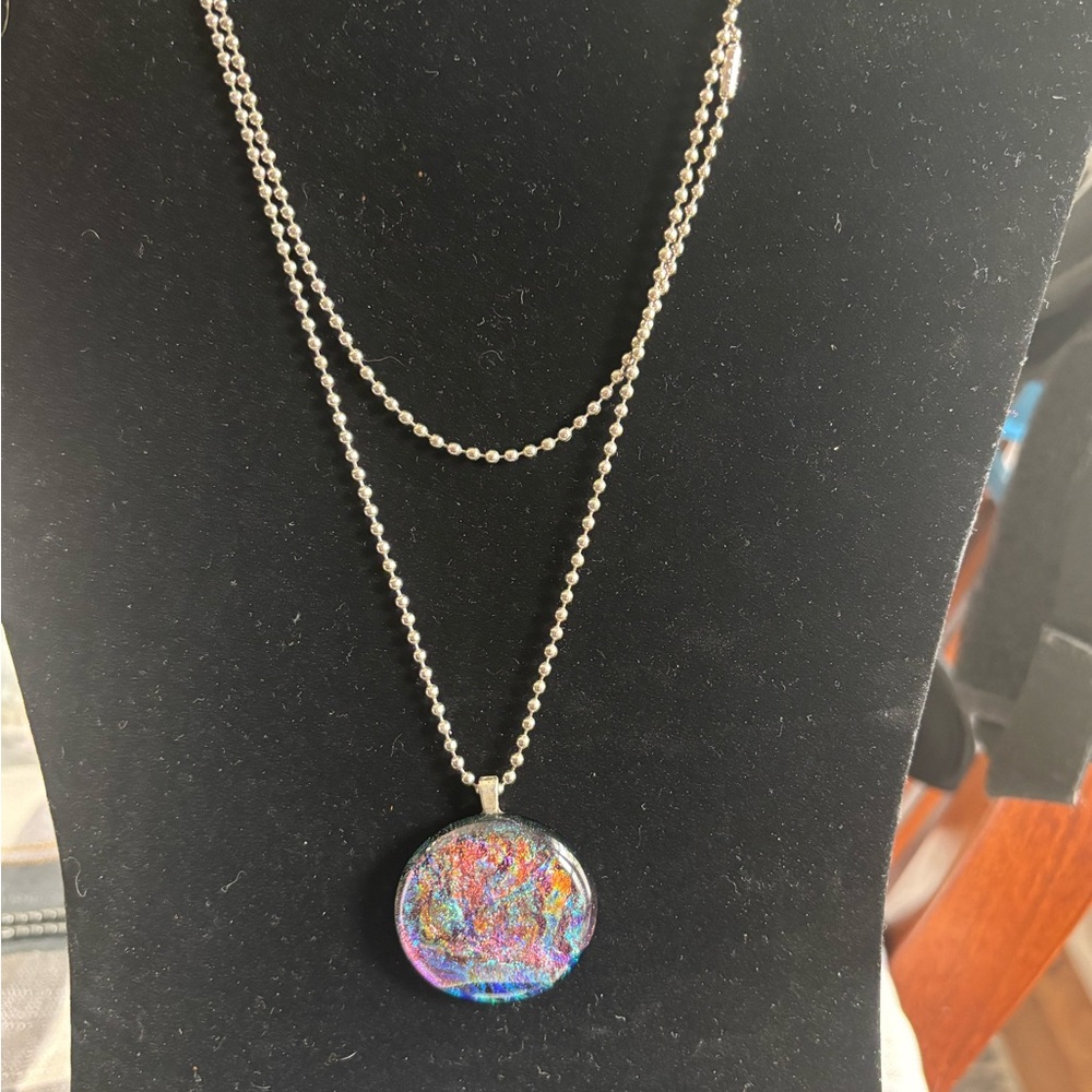 Preloved Long Silver tone ball Chain Necklace with Colorful Glass Pendant